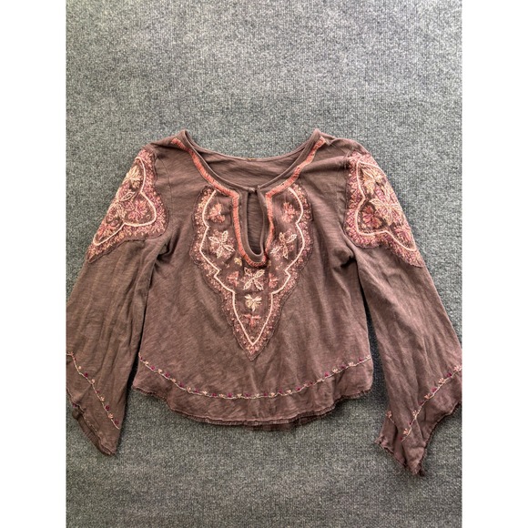 Free People Tops - Free People Embroidered Top Womens XS Brown Long Sleeve Boho Blouse 68050
